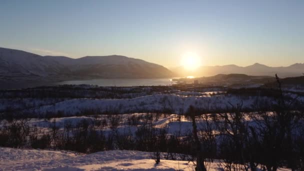 Panning Shot Winter Landscape Sun Rising Setting City Distance — 图库视频影像