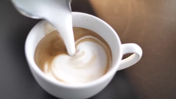 Professional Barista Pouring Milk Coffee Cup Making Latte Art Close — Stockvideo