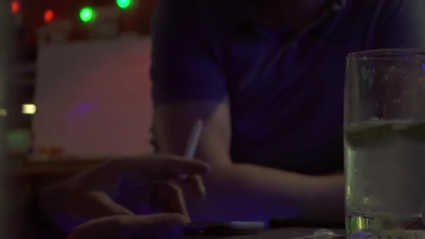 People Drinking Using Smartphone Night Bar Close Mans Hands Cigarette — Videoclip de stoc
