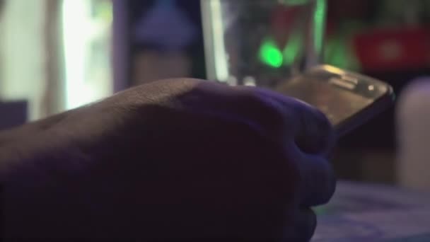 Close Man Hands Pick Use Smartphone Bar Adult Man Sits — Stok video