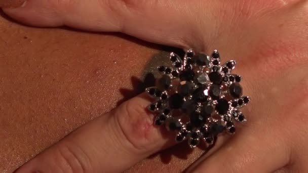 Close Fancy Ring Woman Finger — Stockvideo