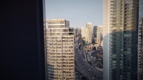 Looking Window Large Buildings City Traffic — Stok video