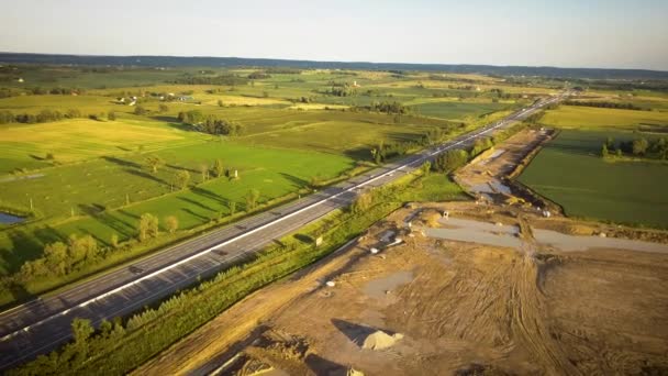 Drone Panning Busy Highway Rural Countryside — Video