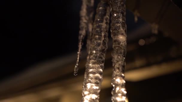 Backlit Melting Icicle Hanging Roof Dripping Slow Motion — ストック動画