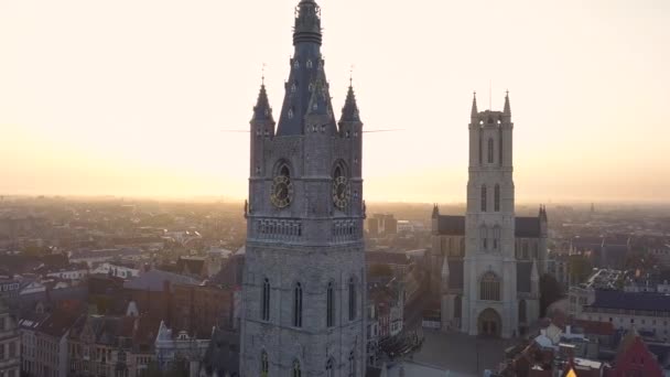 Aerial Parallax Shot Old Bell Tower Aerial Shot Het Belfort — Video Stock