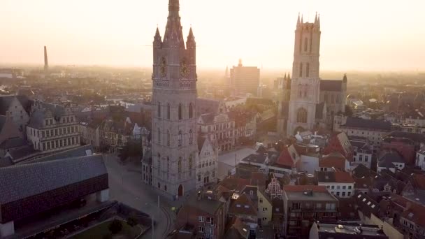 Pan Shot Old Bell Tower Aerial Shot Het Belfort Van — Vídeos de Stock