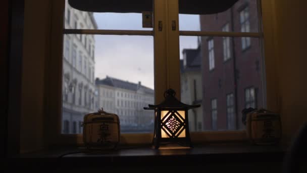 Shot Out Window Old City Focus Lantern Galma Stan Stockholm — ストック動画