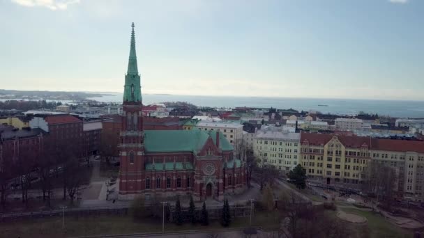 Aerial Parallax Old Church Aerial Shot John Church Johanneksenkirkko Helsinki — Stockvideo