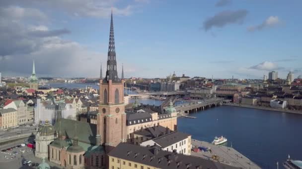 Aerial Parallax Old Church Aerial Shot Riddarholmen Church Stockholm Sweden — 图库视频影像