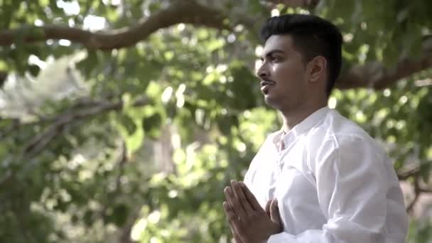 Attractive Asian Man Does Yoga Poses Steps Temple — Vídeo de Stock