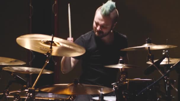 Hard Rock Drummer Performing Studio Setting — 图库视频影像