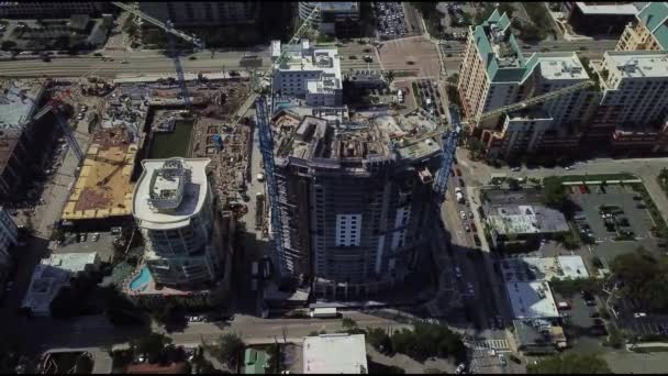 High Rise Construction Project Two Tower Cranes Downtown Area — Stockvideo