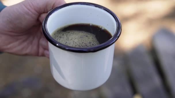 Camper Holding Enamel Mug Black Coffee — Stock video