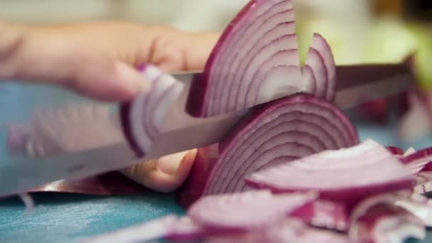 Woman Chopping Red Onions Cutting Board — Stockvideo