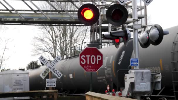 Active Railroad Crossing Sign Train Passing Background — Vídeos de Stock