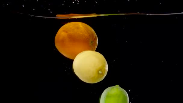 Colorful Citrus Fruits Being Dropped Water Slow Motion — Stok video