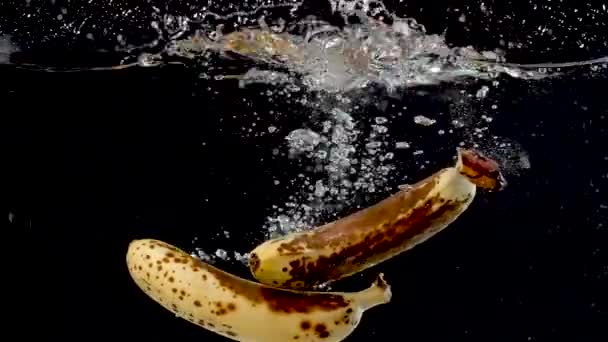 Set Ripe Bananas Being Dropped Water Slow Motion — Stock video