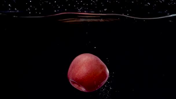 Ζωντανό Κόκκινο Μήλο Πέφτει Στο Νερό Αργή Κίνηση — Αρχείο Βίντεο
