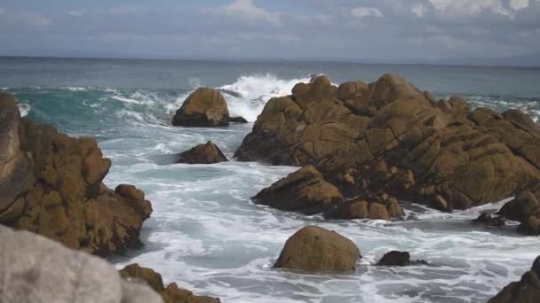 Waves Breaking Rocky Seashore Monterey Coast — Stock video