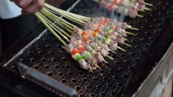 Slow Motion Making Barbecue Skewers — Video Stock