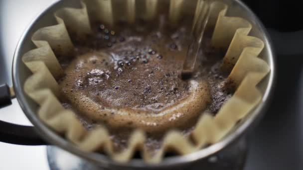 Slow Motion Pouring Hot Water Freshly Ground Coffee Beans Filter — Stockvideo