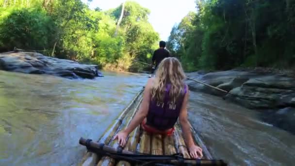 Blonde Girl Bamboo Rafting Thailand Asia Jungle River — ストック動画