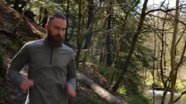 Медленное Движение Молодого Человека Бегущего Резной Деревянной Лесной Дорожке — стоковое видео