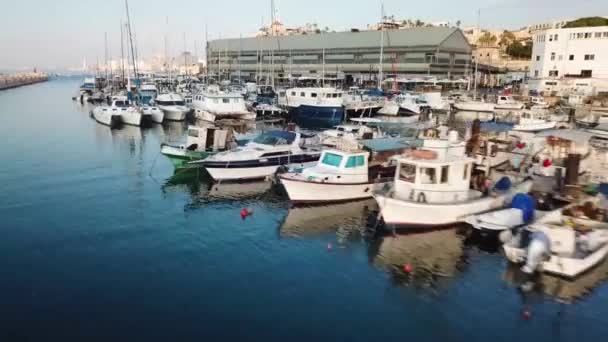 Beautiful Clip Ascending Overview Shot Jaffa Harbor Fishing Boats Boats — Stockvideo