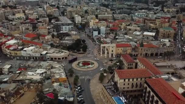Aerial Clip Roundabout Middle Jaffa Inner City Israel Clock Tower — Stockvideo