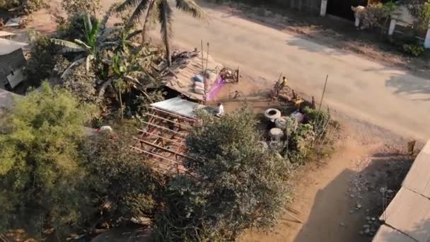 Top View Clip Curious Boy Bicycle Watching House Construction Rural — Stock videók