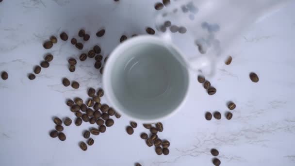 Hot Freshly Brewed Coffee Being Poured White Mug Marble Table — Video