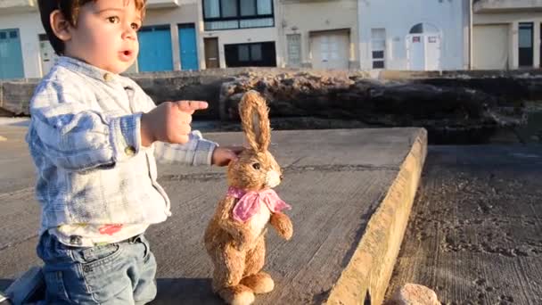 Roztomilý Chlapeček Džínách Hrát Jeho Hnědý Králík Světlem Západu Slunce — Stock video