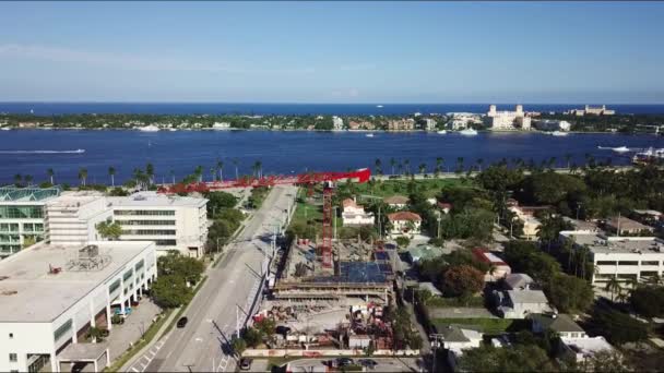 Awesome Shot Tower Crane Intracoastal Ocean Background — Stockvideo