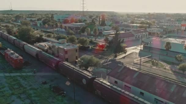 Aerial Freight Train Passing Mexican Northern Countryside — Stockvideo