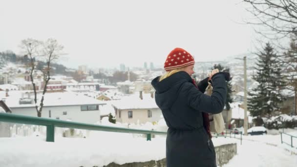 Blonde Woman Wearing Red Bonnet Blue Coat Smiling While Taking — Video Stock
