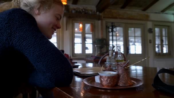 Blonde Woman Blue Sweater Smiling Turkish Coffee Service — Vídeo de stock
