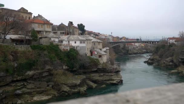 Early Morning Old Town View Port Bridge Mostar Bosnia Herzegovina — Vídeo de stock