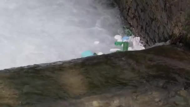 Plastic Bottles Styrofoam Pieces Other Trash Floating Rushing Waters River — Video Stock