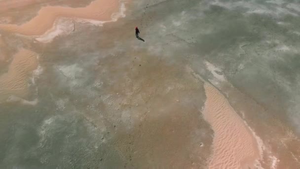 Aerial High Overhead Young Girl Walking Desolate Landscape Great Salt — Stockvideo