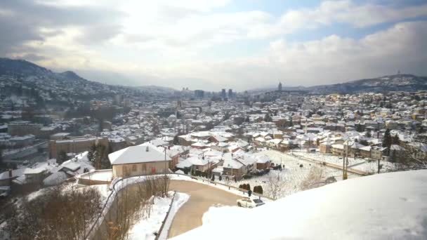 Overview Road Snow Filled Rooftops Neighborhood Sarajevo — Vídeo de Stock