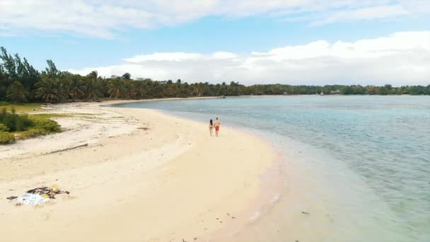 Aerial View Couple Walking Tropical Beach Blue Water White Sand — 图库视频影像