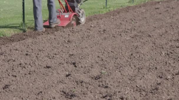 Man Prepares His Garden Using Rototiller Soil — Stock video
