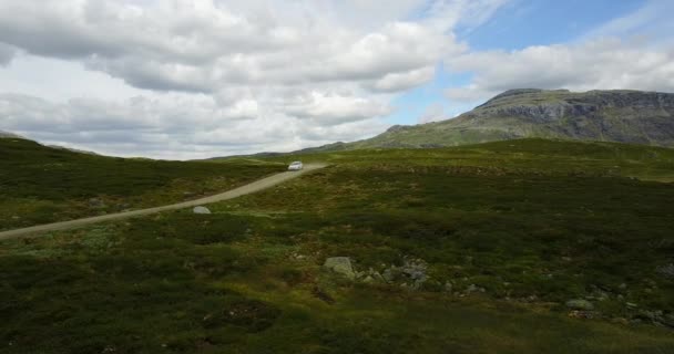 White Car Travelling Norwegian Countryside — Vídeo de stock