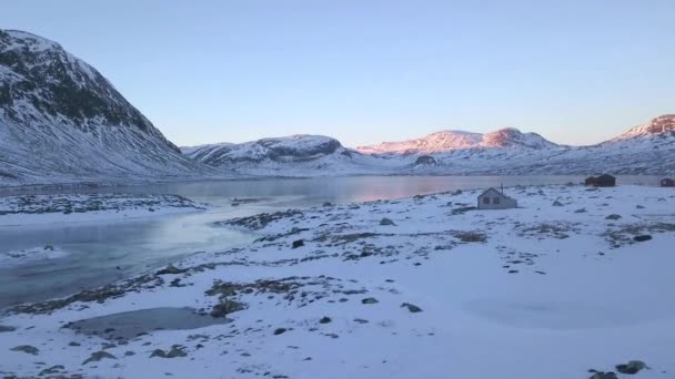 Vista Aérea Fiordo Cubierto Nieve Noruega — Vídeos de Stock
