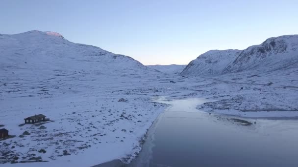 Aerial View White Stark Snowy Landscape Fjord Norway — Stock video