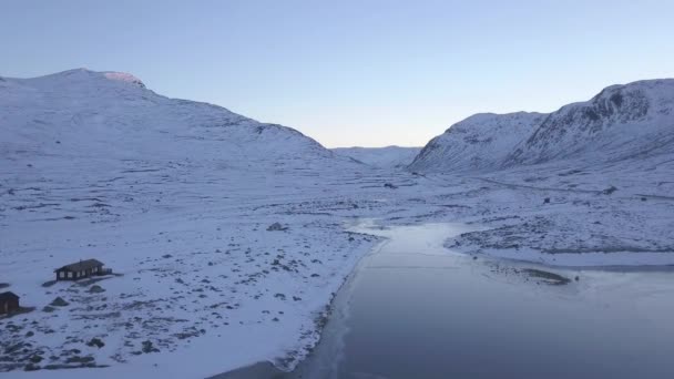 Sunrise Snow Covered Fjord Norway Aerial View — 图库视频影像