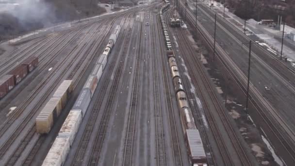 Aerial View Long Train Rail Cars Pulling Away Train Yard — Stock video