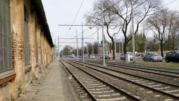 Пустой Желтый Электрический Трамвай Железнодорожных Путях Будапешта Венгрия — стоковое видео