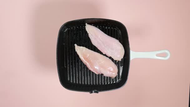 Top View Turning Chicken Breast Fillets Pan — Video