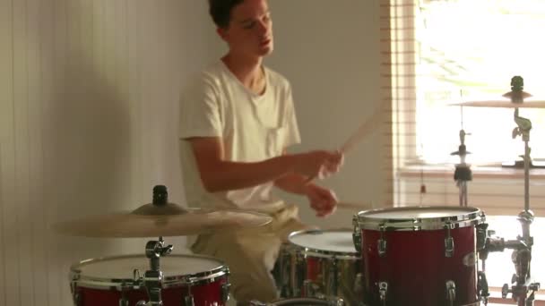 Wide Shot Drummer Holding Beat Home Drum Kit Natural Light — ストック動画